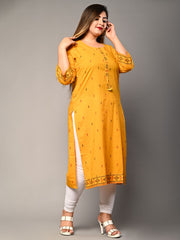 Plus Size Yellow Cotton Ikat Print Straight Kurta-159