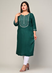 Plus Size Green Cotton Blend Embroidered Straight Kurta-246
