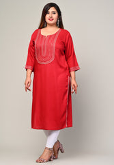 Plus Size Red Cotton Blend Embroidered Straight Kurta-246