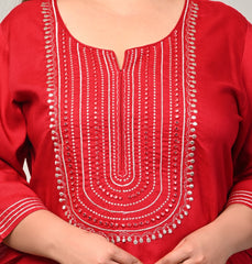 Plus Size Red Cotton Blend Embroidered Straight Kurta-246
