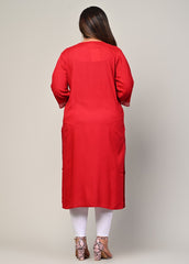 Plus Size Red Cotton Blend Embroidered Straight Kurta-246