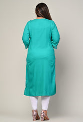 Plus Size Turquoise Cotton Blend  Embroidered Straight Kurta-246