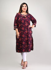 Plus Size Maroon Cotton Floral Print Straight Kurta-310