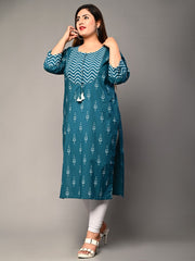Plus Size Blue Cotton Ikat Print Straight Kurta-355