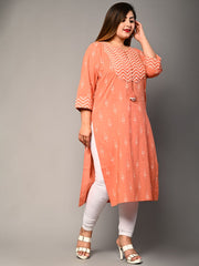 Plus Size Peach Cotton Ikat Print Straight Kurta-355