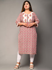 Plus Size Pink Cotton  Floral Print Straight Kurta-364