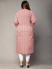 Plus Size Pink Cotton  Floral Print Straight Kurta-364