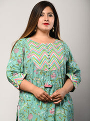 Plus Size Green Cotton Floral Print Straight Kurta-375