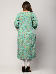 Plus Size Green Cotton Floral Print Straight Kurta-375