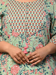 Plus Size Green Cotton Floral Print Straight Kurta-406