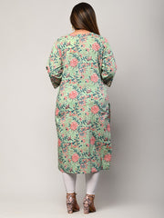 Plus Size Green Cotton Floral Print Straight Kurta-406