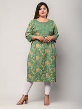 Plus Size Dark Green Cotton Floral Print Straight Kurta-406
