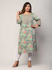 Plus Size Green Cotton Floral Print Straight Kurta-406