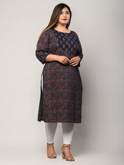 Plus Size Blue Cotton Floral Print Straight Kurta-427