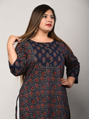 Plus Size Blue Cotton Floral Print Straight Kurta-427