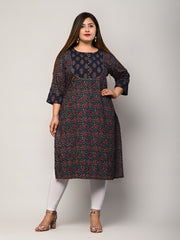 Plus Size Blue Cotton Floral Print Straight Kurta-427