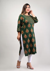 Plus Size Green Cotton Floral Print Straight Kurta-514