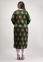 Plus Size Green Cotton Floral Print Straight Kurta-514