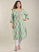 Plus Size Green Cotton Block Print Straight Kurta-534