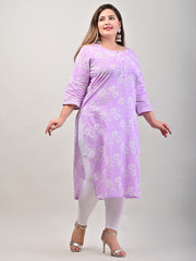 Plus Size Purple Cotton Blend Floral Print Straight Kurta-536