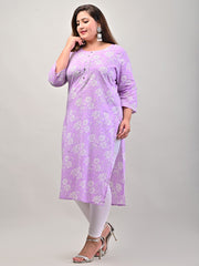 Plus Size Purple Cotton Blend Floral Print Straight Kurta-536