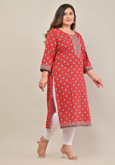 Plus Size Red Cotton Floral Print Straight Kurta-568