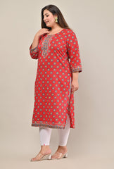 Plus Size Red Cotton Floral Print Straight Kurta-568