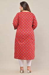 Plus Size Red Cotton Floral Print Straight Kurta-568