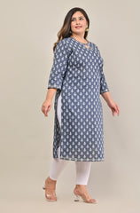 Plus Size Grey Cotton Print Straight Kurta-573