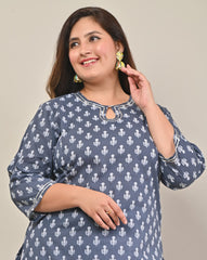 Plus Size Grey Cotton Print Straight Kurta-573