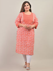 Plus Size Peach Cotton Floral Print Straight Kurta-583
