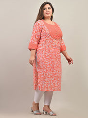 Plus Size Peach Cotton Floral Print Straight Kurta-583