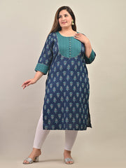 Plus Size Blue Cotton Floral Print Straight Kurta-584