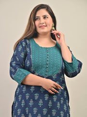 Plus Size Blue Cotton Floral Print Straight Kurta-584