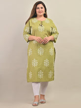 Plus Size Green Cotton Floral Print Straight Kurta-588