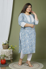 Plus Size Blue Cotton Block Print Straight Kurta-632