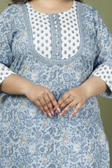 Plus Size Blue Cotton Block Print Straight Kurta-632