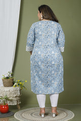 Plus Size Blue Cotton Block Print Straight Kurta-632