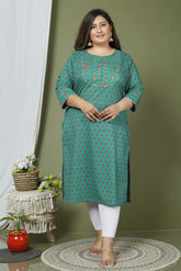 Plus Size Turquoise Cotton Printed Straight Kurta-641