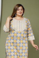Plus Size Grey Cotton Floral Print Straight Kurta-662
