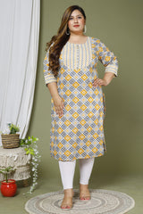 Plus Size Grey Cotton Floral Print Straight Kurta-662