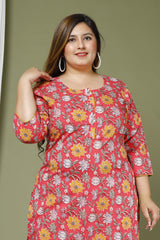 Plus Size Red Cotton Floral Print Straight Kurta-666