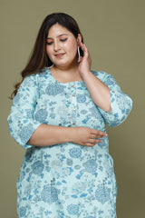 Plus Size Light Blue Cotton Floral Print Straight Kurta-673