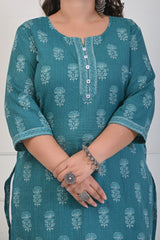 Plus Size Green Cotton Floral Print Straight Kurta-697