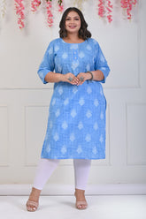 Plus Size Sky Blue Cotton Floral Print Straight Kurta-699