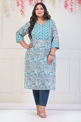 Plus Size White Cotton Floral Print Straight Kurta-700