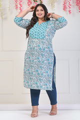 Plus Size White Cotton Floral Print Straight Kurta-700