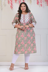 Plus Size Grey Cotton Floral Print Straight Kurta-704