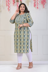 Plus Size Green Cotton Floral Print Straight Kurta-706