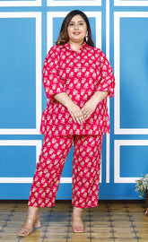 Plus Size Pink Cotton Floral Print Co-ord Set -1200009